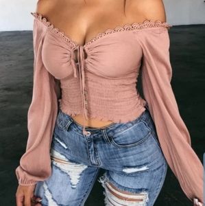 Long Sleeve Smocked Self Tie Mauve  Top